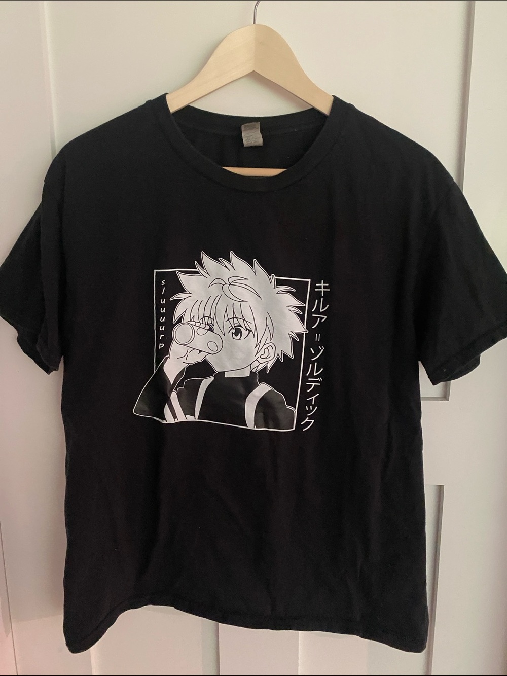 Gildan Black Short-Sleeve Tee with White Anime Graphic